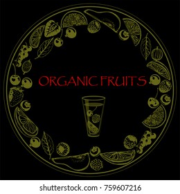 Frame of various fruits and berries , such as pear, cherry, blueberry, currant, raspberry, BlackBerry, lemon, orange and a glass of cold fruit drink . 
 Vector illustration for cards, menus, banners .