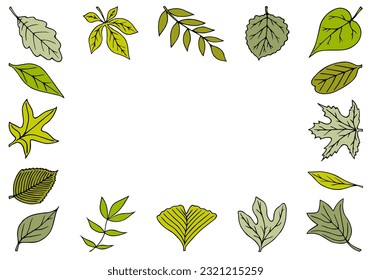 A frame of various leaves. Hand Drawn. Freehand drawing. Doodle. Sketch. Outline.