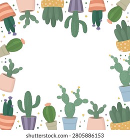 Frame with various potted cacti and succulents. Borders of saguaro, prickly pear and barrel cactus in colorful ceramic pots with tiny flowers and dots. 