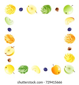 Frame of various shape and slope of delicious light green, red, orange, yellow apple, twisted meringue (zephyr, marshmallow), unpeeled brown hazelnut and blueberry  isolated on white background