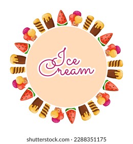A frame with various types of ice cream on a white background. Vector frame template for restaurant menus, postcards, backgrounds, summer designs