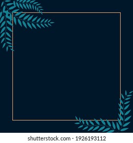 Frame vector of card with golden rectangle and botanic decorative elements on dark background