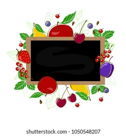 Frame with vector fruits: apple, pear, cherry, plum, currant, strawberry, blackberries and leaves. Design menu card for vegetarians, logo vegan shop. EPS10