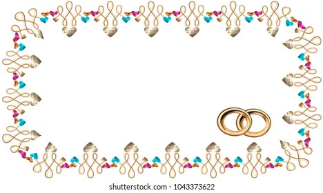 frame in the vector of hearts in the form of precious stones and gold, rubies and sapphires, and gold wedding rings, an invitation to a wedding, confession Vector drawing on white background isolated
