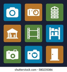 frame vector icons. Set of 9 frame filled icons such as shutter blinds, door, cargo barn, heart with camera, camera