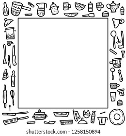 Frame of vector kitchen equipments in doodle style. Border of kitchen dishes and tools objects isolated on white background.