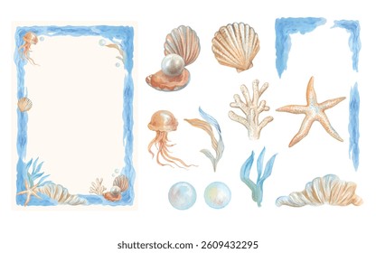 Frame vector  and ornament of Sea Life hand draw watercolor.
