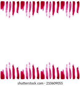 Frame with vector red paint stains. Collection of lipstick and nail polish swatches.