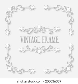 Frame vector vintage white border with long shadows. Blank circle paper frame with Baroque pattern and retro decorations