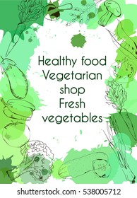 Frame vegan vegetables healthy food imitation watercolor