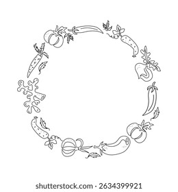 Frame, vegetable set, line drawing, doodle. Vegetarian natural food. Line art icons. Healthy food. Vector graphics. Blank background with space for text.
