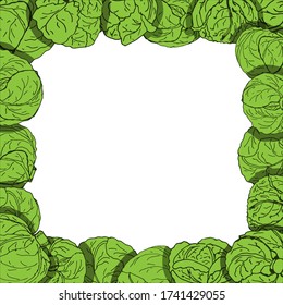 Frame of vegetables cabbage with copy-space. Vector illustration black and white and colorful doodle on white background, isolated cut-out objects