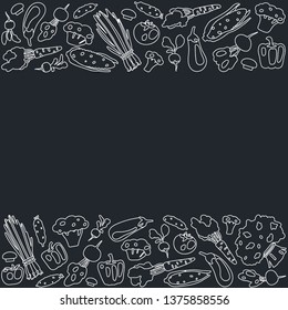 Frame of vegetables in a linear style isolated on a dark background. Vector illustration. Line