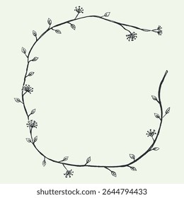 The frame is vegetal. Curly vine and dandelions. Frame by hand. Linear floral pattern. Pattern for book cover.