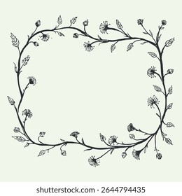 The frame is vegetal. Curly vine and dandelions. Frame by hand. Linear floral pattern. Pattern for book cover.