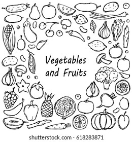 Frame from vegetarian hand drawn doodle food elements. Vector illustration for backgrounds, web design, design elements, textile prints, covers, posters, menu with place for text.