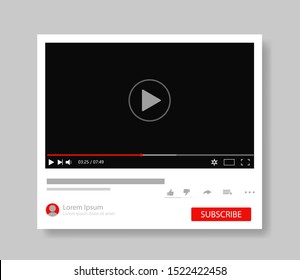 Frame video player interface. Design mockup video channel pc. Tube window template with subscribe for web, media app.Player screen with navigation icon. Modern layout tube interface. vector eps10