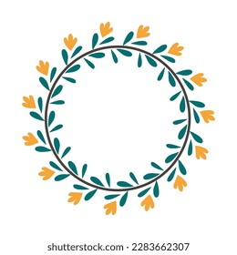 Frame, vignette decorated with flowers and twig. Object with floral ornament.