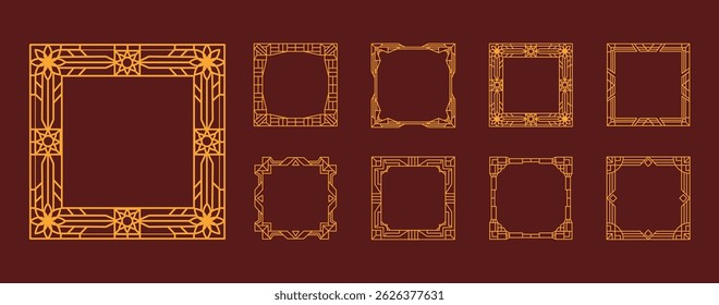 Frame vintage. Line geometric luxury gold square framework. Art deco sign abstract. Gatsby decoration banner border. Retro graphic ornament, wedding design. Vector Victorian tidy element isolated set