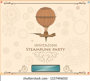 Frame vintage steampunk airship background, cogs, gears