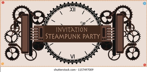 Frame vintage, steampunk mechanical cogs, gears menu invitation