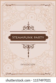Frame vintage, steampunk mechanical cogs, gears menu invitation