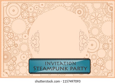 Frame vintage, steampunk mechanical cogs, gears menu invitation