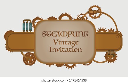 Frame vintage, steampunk mechanical cogs, gears menu invitation