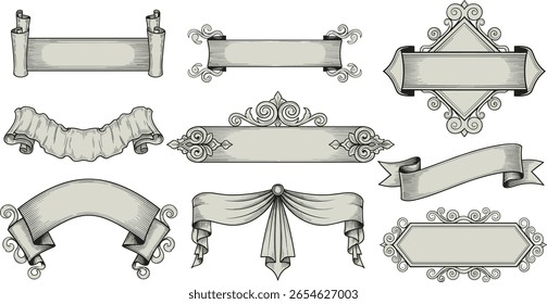 frame, vintage, vector, engraving, set, horizontal, banner, retro, scroll, victorian, isolated, holiday, ribbon, template, collection, illustration, blank, textured, manuscript, antique, folded, desig