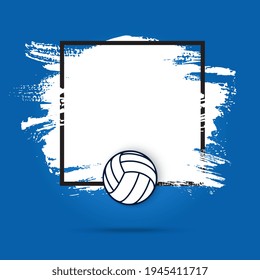 Frame with volleyball ball and white grunge spot, vector black border on blue background. Empty frame with sports equipment, accessory for playing game, championship or beach tournament competition