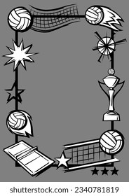 Frame with volleyball items. Sport club illustration.