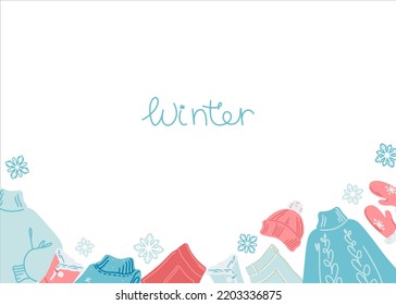 Frame with warm women's clothing in pink-blue colors. Seasonal form. Banner for winter design. Flat style.