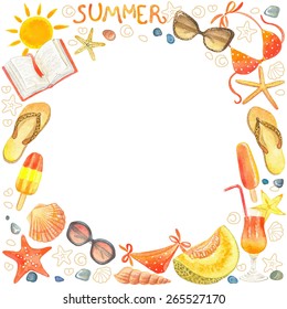 Frame of watercolor colorful symbols summer beach.