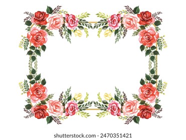 Frame with watercolor delicate colored flowers and leaves