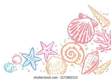 Frame with watercolor starfish and seashells. Vector illustration.