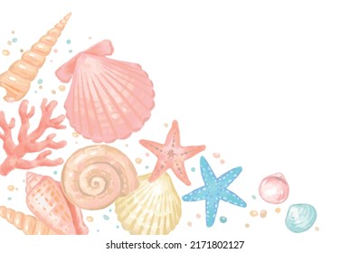 Marco con estepa acuarela y conchas. Ilustración vectorial.