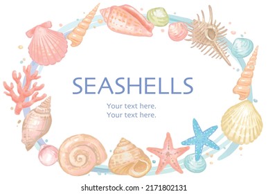 Frame with watercolor starfish and seashells. Vector illustration.