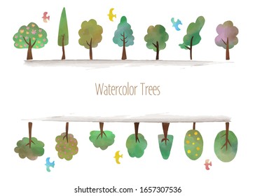Frame of watercolor trees and birds