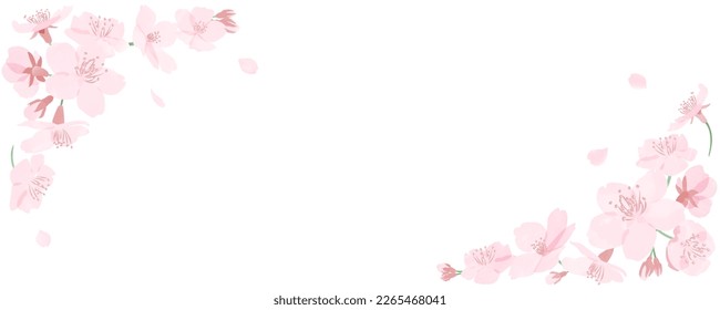 Frame of watercolor-style cherry blossoms and petals on white background. Vector illustration.