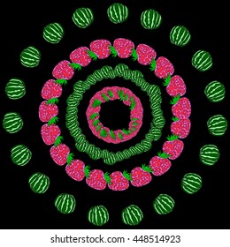 Frame of watermelon and raspberry. Round frame from berries on a dark background.