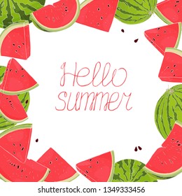 Frame with watermelons. Hello summer. Colorful vector illustration in sketch style. Drawing with hands. Place for your text. Mock up. Template.