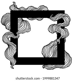 Frame with wave line curls. Monochrome stripes black and white texture. Wavy abstract hair.