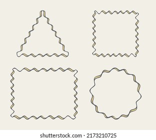 Frame wavy outline set. Hand drawn decorative doodle ink brush stroke borders collection, wave line, circle, square, rectangle, triangle shapes for business card, web design. Vector illustration