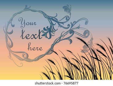 Frame of weaving plants with grass on the sunset
