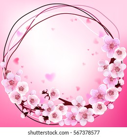 Frame. Wedding. Spring Flowers. Blooming Background Wallpaper Decoration. Holiday Greeting Card. Apricot Flower. Sakura. Japan Cherry. Blooming Flowers. Vector illustration. Springtime realistic