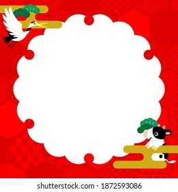 A frame in which hexagons composed of various Japanese patterns are lined up and illustration of cow and flying japanese crane for new year of the ox in Japan