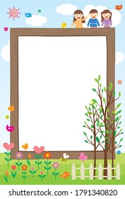 A Frame In Which A Writing Background With Trees, Flowers, And Children Is Framed. A Good Frame For Children's Notifications.Vector Source For Moving And Editing Individual Images.