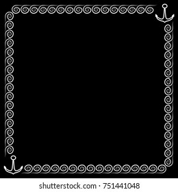 Frame white. Border from waves and anchors. Decoration sea concept. Monochrome framework isolated on black background. Decoration banner rim. Modern art scoreboard. Stock vector illustration