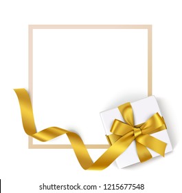 Frame with white gift box,golden bow and long ribbon isolated on white background. Vector holiday design template