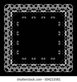 Frame of white lines, abstract floral vintage White pattern of square frames on a black background.